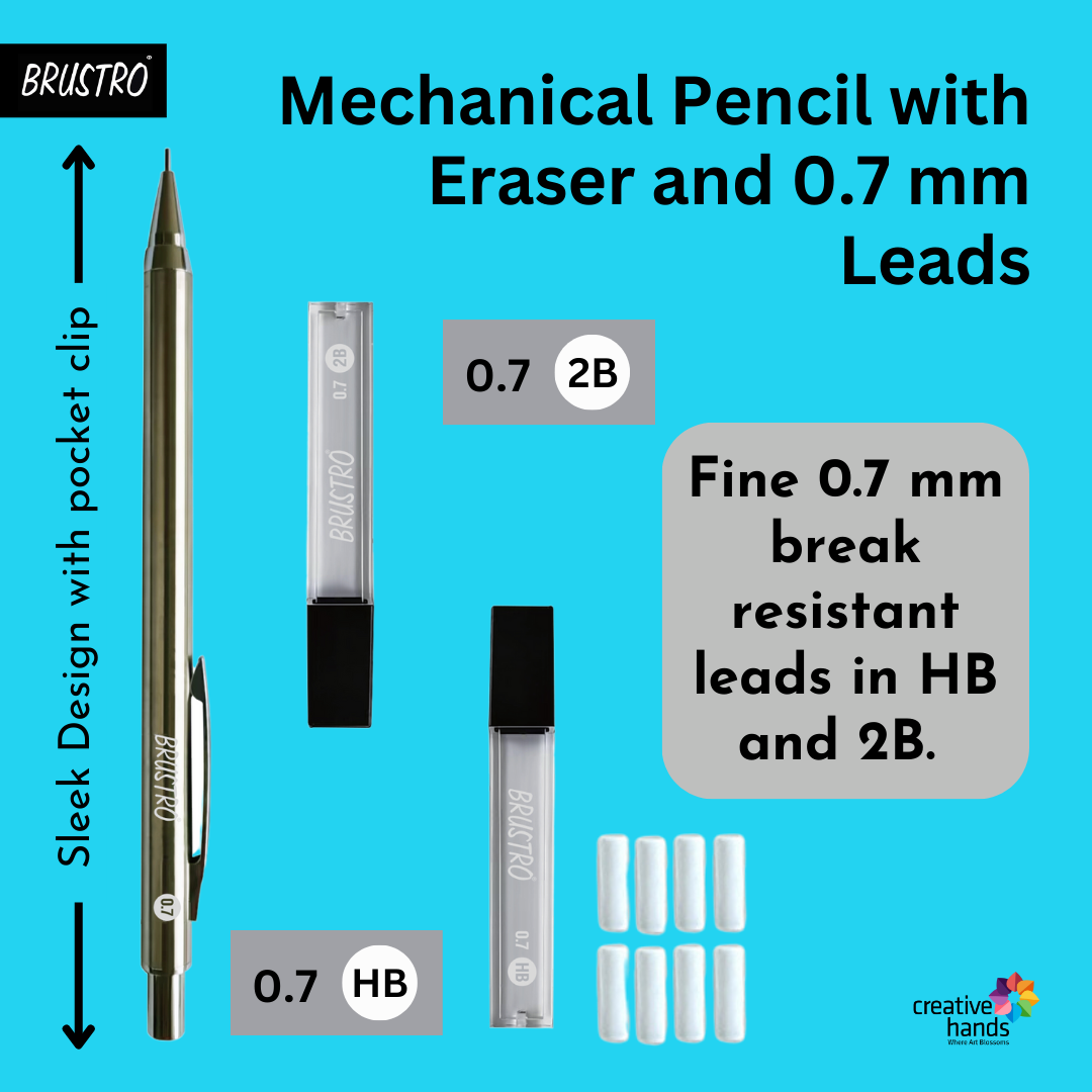 BRUSTRO Mechanical Pencil Set | HB-20 leads, 2B-20 leads,Spare eraser 8 units|Tip size 0.7 mm | Ideal for Students,Adults, Home, School, Office, Stationery Use |Writing, Sketching, Drawing,Mandala Art