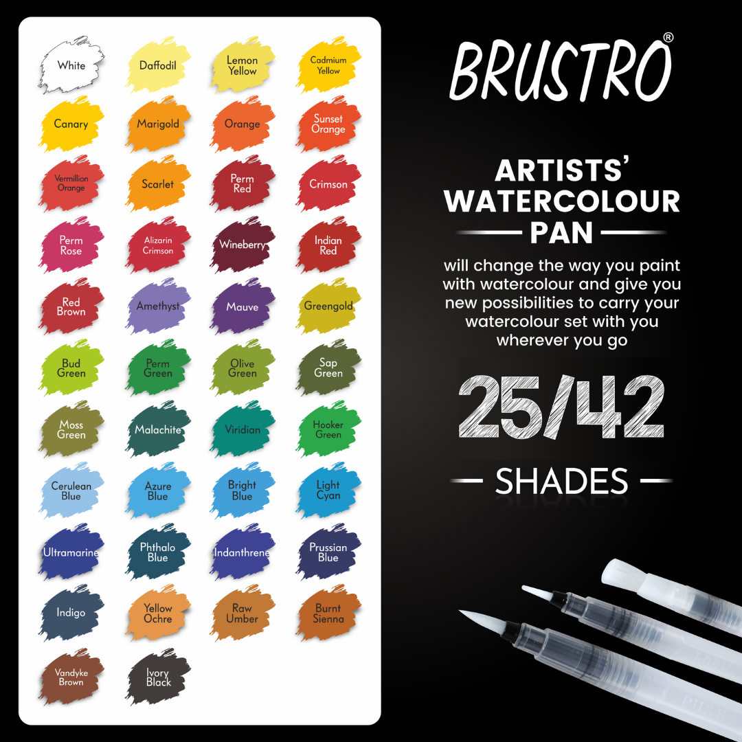 BRUSTRO Artists Watercolour Paint Pan Set of 25 with Artists Watercolour Paper 300 GSM, 25% Cotton, Color, Cold Pressed, A4 (Pack of 12), A3 (Pack of 6) & A5 (Pack of 24)