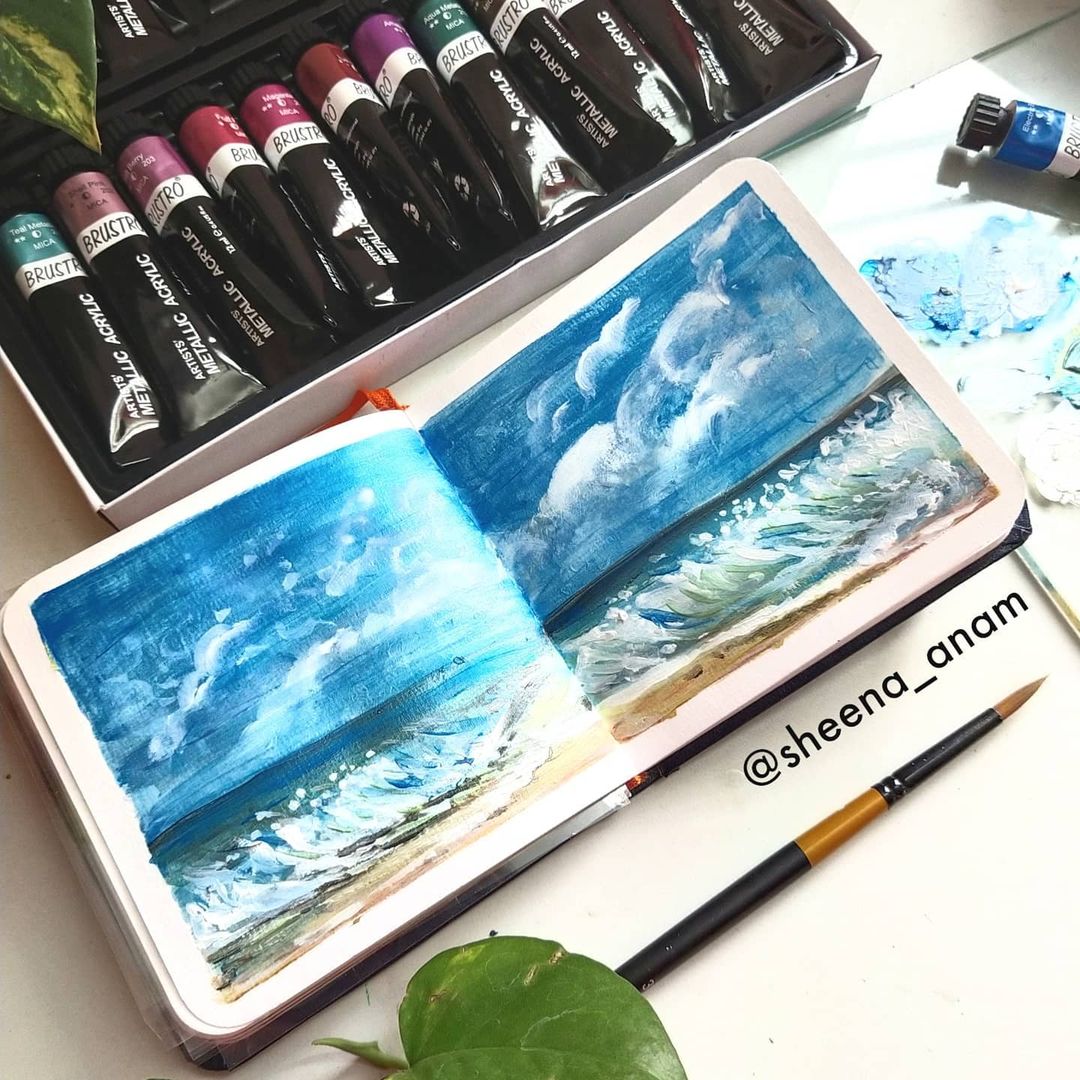 Brustro Artists’ Metallic Acrylic Set of 24 and Taklon Brush Set of 10 with 4 Canvas Boards