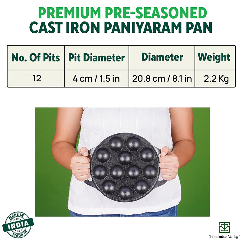 12 Pit/Cup CASTrong Cast Iron Kuzhi Paniyaram/Paddu Pan/Appe Maker, Pre-seasoned, 100% Pure, Toxin-free, Free Spatula, 21 cm, 2.2 kg