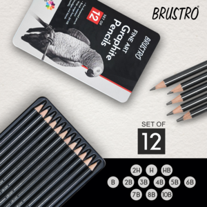 BRUSTRO Fine Art Graphite Pencil Set |10B - 2H | Pack of 12 with Elegant Tin Box| Ideal for Students and Adults, Drawing, Sketching, Mandala Shading, Pencils For Beginners and Artists