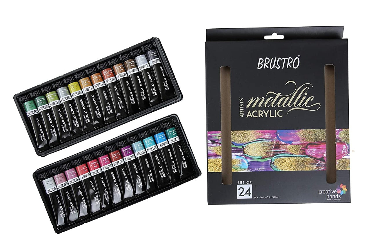Brustro Artists’ Metallic Acrylic Set of 24 and Taklon Brush Set of 10 with 4 Canvas Boards