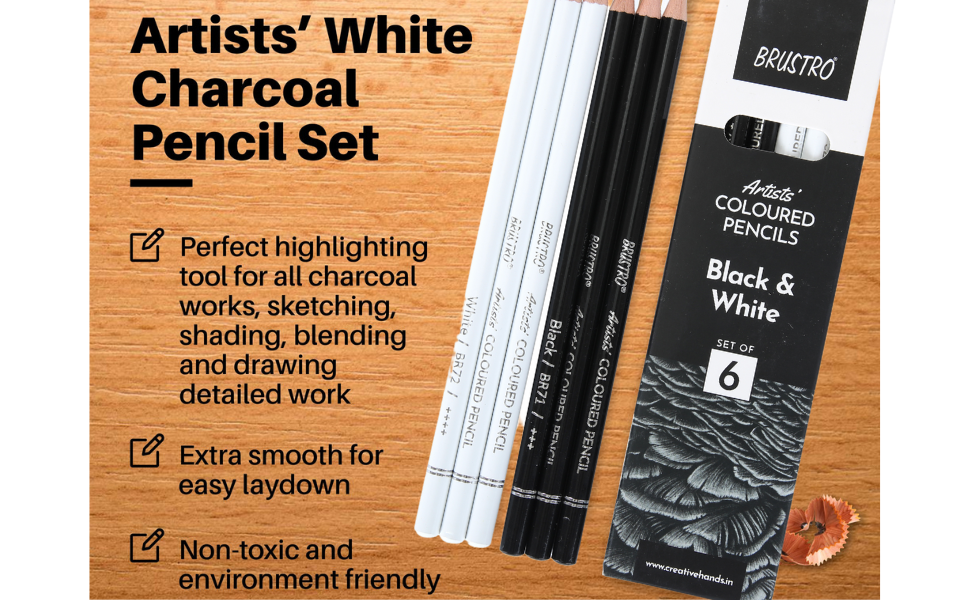 BRUSTRO Artists Coloured Pencils | Black & White | Set of 6 ( 3 Whites and 3 Blacks ) | Ideal for Students and Adults, Color, Sketching, Shading, Drawing, Blending, Mandala Art, School, Office Use