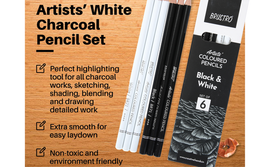 BRUSTRO Artists Coloured Pencils | Black & White | Set of 6 ( 3 Whites and 3 Blacks ) | Ideal for Students and Adults, Color, Sketching, Shading, Drawing, Blending, Mandala Art, School, Office Use