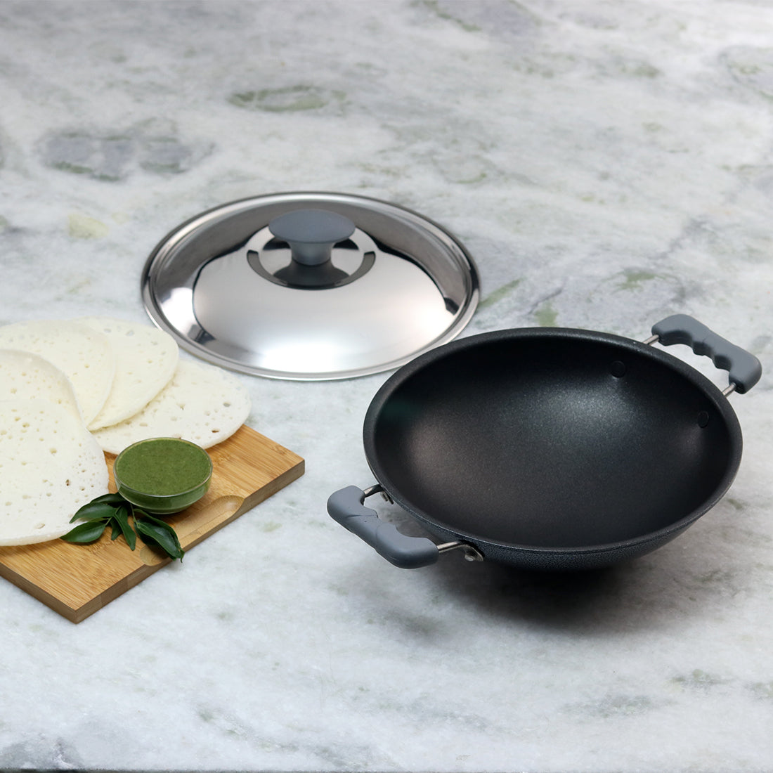 Appachetty Breakfast Pan with Lid | Nonstick Cookware | Appachatty | Chetty Pan | Appam Patra | Round Bottom Kadai | 3mm Thick | Black 22 cm | 1 Year Warranty