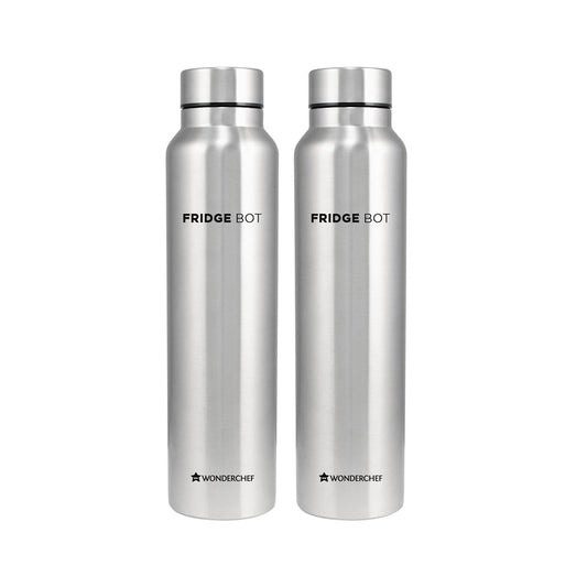 Stainless Steel Fridge-bot 1000 ml Each | Pack of 2 | Gift Box Packing | Single wall | Non-insulated | 304 Stainless Steel | Non Toxic | BPA free | Rust Free | Spill and Leak proof | Light weight | For Home & Office | Wide Mouth | 2 Years Warranty