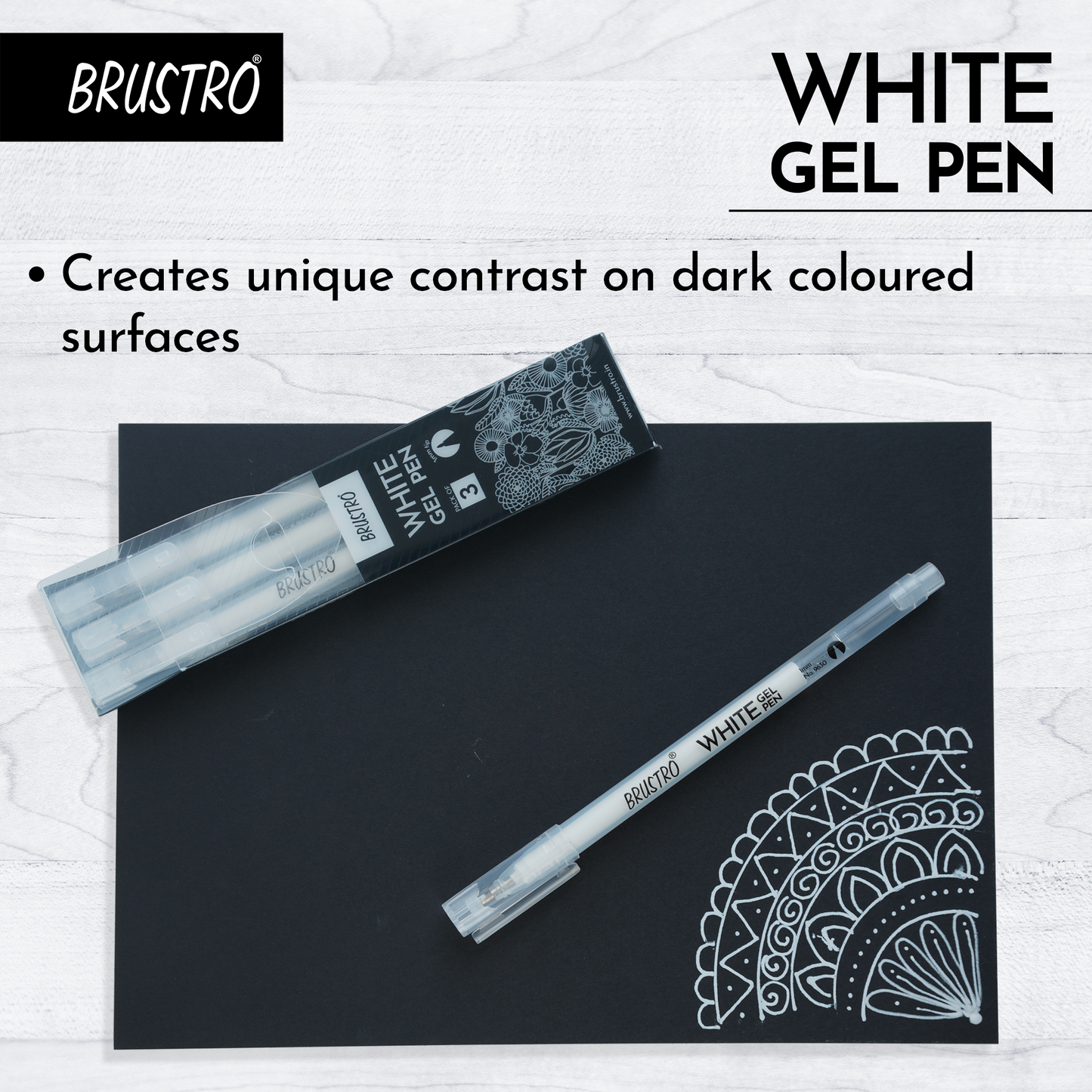 BRUSTRO White Gel Pen | Tip size -1 mm|Pack of 3 | Ideal for Students and Adults, Drawing, Mandala Arts, Students, Office Use, Writing, Pen Set