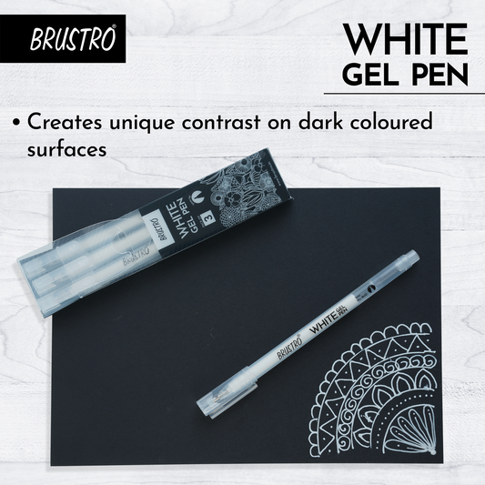 BRUSTRO White Gel Pen | Tip size -1 mm|Pack of 3 | Ideal for Students and Adults, Drawing, Mandala Arts, Students, Office Use, Writing, Pen Set