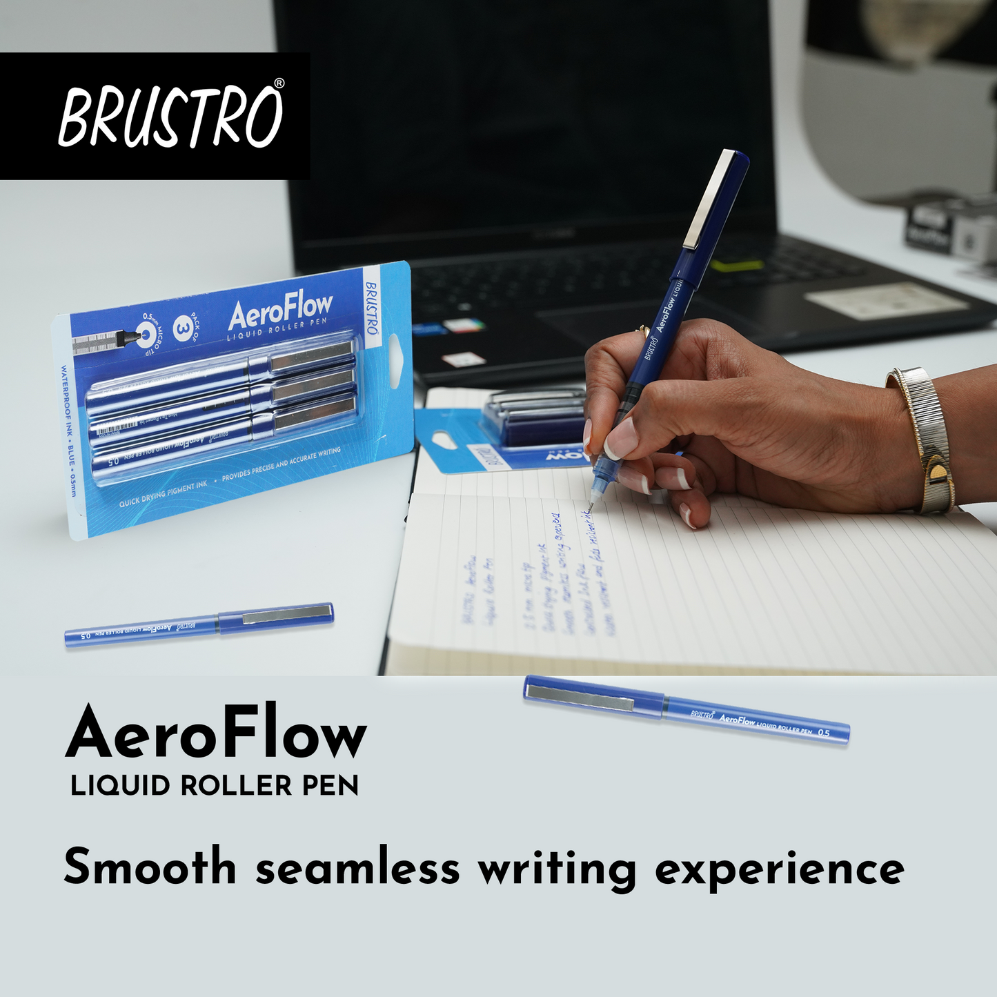 BRUSTRO AeroFlow Liquid Ink Rollerball Pens | Blue | 0.5mm, Micro Tip | Pack of 3| Ideal for Students, Professionals, Office, Exam use, Accurate Smooth Writing, Waterproof, Fade Resistant