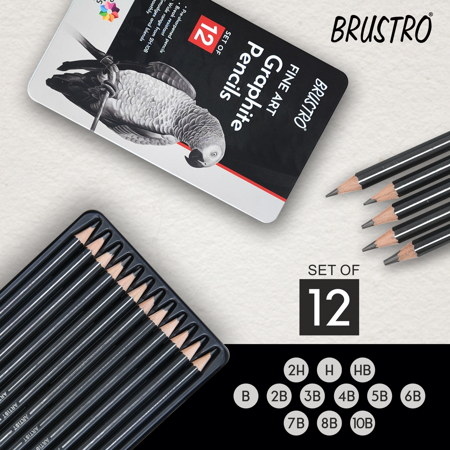 BRUSTRO Fine Art Graphite Pencil - Set of 12 (10B - 2H) with Mechanical Precision Retractable Eraser(2.3mm) | Ideal for Drawing,Sketching,Mandala,Shading,Artwork, Beginners, Artist's and Professionals