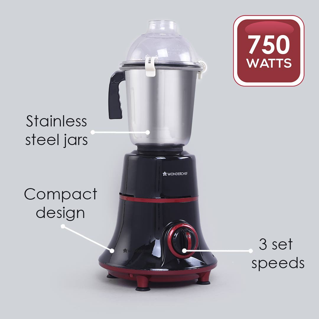 Wonderchef Renewed Glory Mixer Grinder | 750W | 4 Stainless Steel Jars and Anti-rust Stainless Steel Blades | Ergonomic Handles