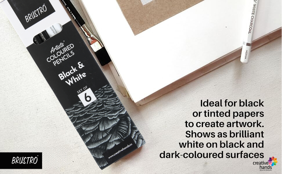 BRUSTRO Artists Coloured Pencils | Black & White | Set of 6 ( 3 Whites and 3 Blacks ) | Ideal for Students and Adults, Color, Sketching, Shading, Drawing, Blending, Mandala Art, School, Office Use