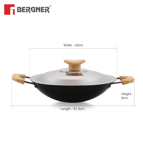 Bergner Bellini Plus Aura 5-Layer Non-Stick 20 cm Appachetty with Stainless Steel Lid, Wooden Finish Soft Touch Handle, Even Heat Distribution, PFOA Free, Gas Stove Compatible - Black