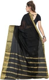 Birami Ethnics Women's Poly Cotton Saree with Blouse Piece, Free Size (Bf134_Black)