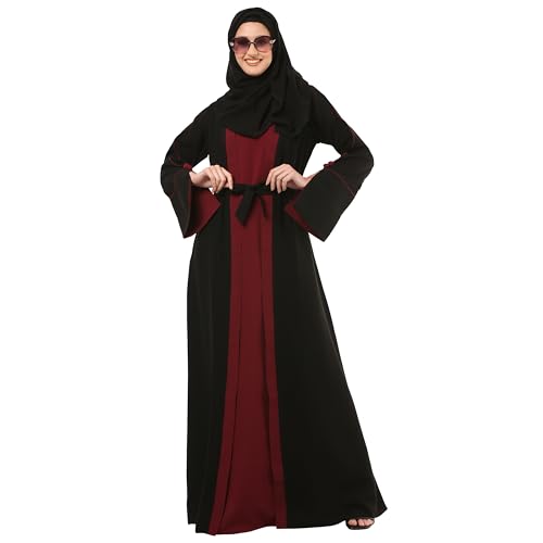 BT - Being Traditional Women’s Nida Matt Dual Color Layered Abaya With Long Flared Sleeves and Waist Belt (LAB-008) (2XL, Black-Maroon)