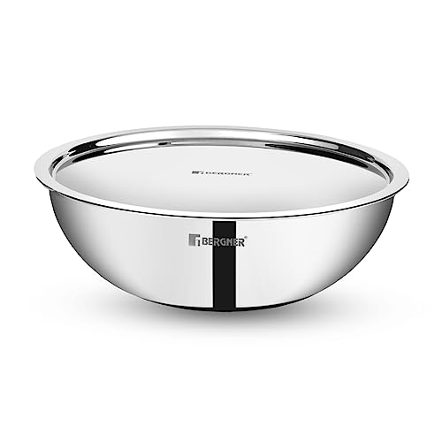 Bergner Tripro Triply Stainless Steel Cook and Serve Tasla/ Tasra Kadai / Handleless Wok with Lid, 20 cm, 2.1 Litres, Flared Rim, Heavy Bottom, Induction and Gas Ready, Silver