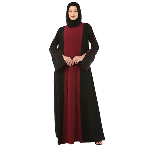 BT - Being Traditional Women’s Nida Matt Dual Color Layered Abaya With Long Flared Sleeves and Waist Belt (LAB-008) (2XL, Black-Maroon)