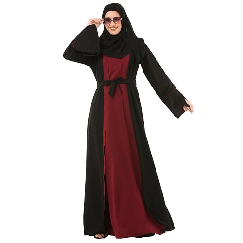 BT - Being Traditional Women’s Nida Matt Dual Color Layered Abaya With Long Flared Sleeves and Waist Belt (LAB-008) (2XL, Black-Maroon)