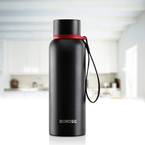 Borosil Hydra Trek Water Bottle, Stainless Steel Water Bottles, Vacuum Insulated Flask Bottles, 700 ml, Black (Black)