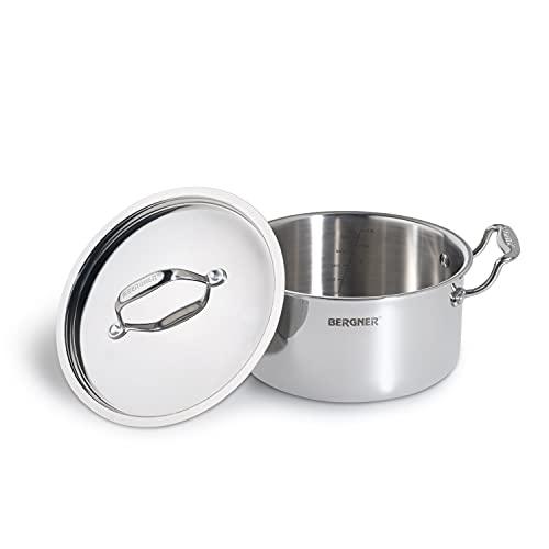 BERGNER Argent Tri-Ply Stainless Steel Casserole With Stainless Steel Lid (22 Cm, 4.1 Litres, Induction Base, Silver),Non-Stick, 4.1 Liter