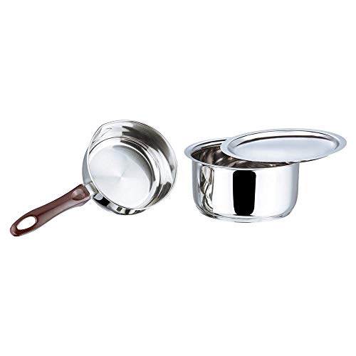 Vinod Stainless Steel Regular Saucepan (1 Litre) & Capsule Bottom Tope (1.8 Litre) with Lid(Induction and Gas Stove Friendly), 2 Years Warranty, Silver