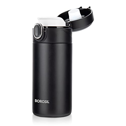 Borosil Stainless Steel Hydra Double Wall Vacuum Insulated Traveller Flask, (BLACK, 300 ml)