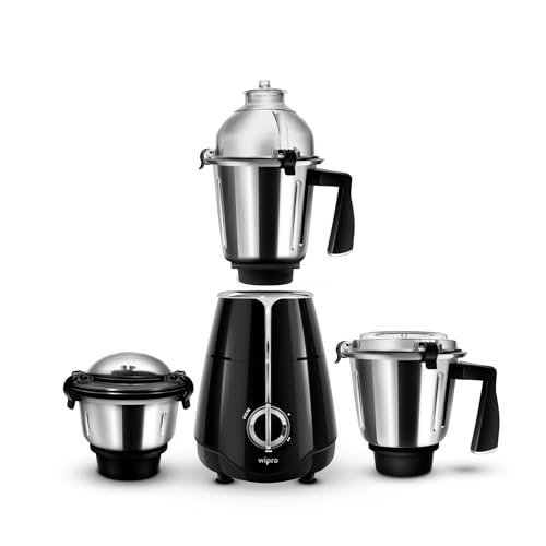 Wipro Elato FMG208 800 Watt Mixer Grinder with 3 Jars,Heavy Duty 100% Copper Ball Bearing Motor with 5 Year Warranty,Superfast Grinding,Clip Lids - Hands Free use, 3 Jars Mixer Grinder 800 Watt,Black
