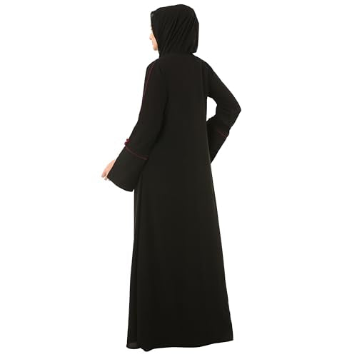 BT - Being Traditional Women’s Nida Matt Dual Color Layered Abaya With Long Flared Sleeves and Waist Belt (LAB-008) (2XL, Black-Maroon)