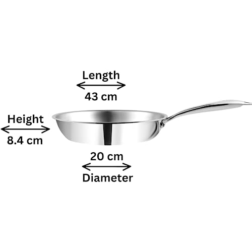 Vinod Platinum Triply Stainless Steel Frypan 20 cm Diameter with Riveted Sturdy Handle (Induction and Gas Stove Friendly) - Silver, 5 Years Warranty