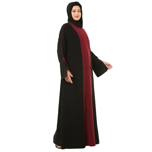 BT - Being Traditional Women’s Nida Matt Dual Color Layered Abaya With Long Flared Sleeves and Waist Belt (LAB-008) (2XL, Black-Maroon)