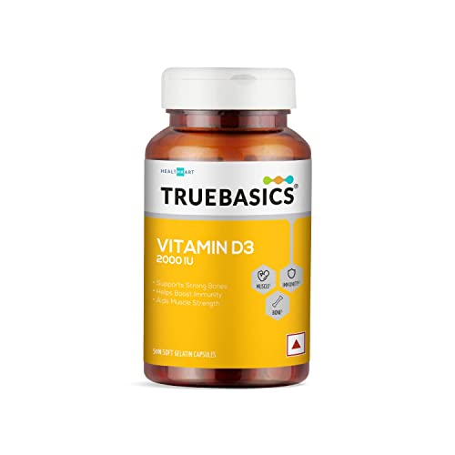 TrueBasics Vitamin D3 2000 IU, for Healthy Bones, Strong Muscles, Boosts Immunity & Calcium Absorption, 50 Vitamin D Capsules