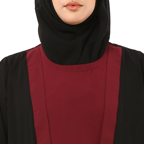 BT - Being Traditional Women’s Nida Matt Dual Color Layered Abaya With Long Flared Sleeves and Waist Belt (LAB-008) (2XL, Black-Maroon)