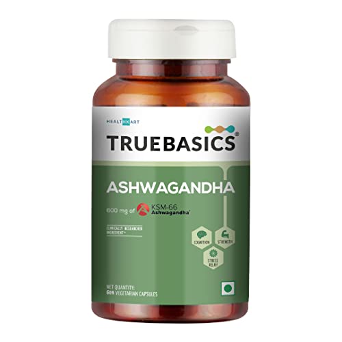 TrueBasics Ashwagandha, 600mg of KSM 66 Ashwagandha, Energy and Immunity Booster, Clinically Researched Ingredients, 60 Ashwagandha Capsules