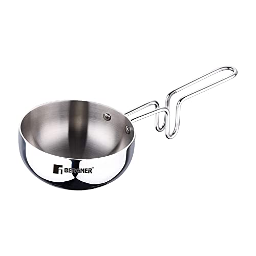 Bergner Tripro Triply Stainless Steel Tadka Pan with Stay Cool Long Handle for Spice Seasoning, Frying, Heating, and Roasting, 12 cm, Silver