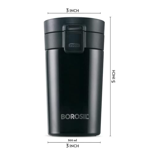 Borosil Coffeemate Insulated Mug, Vacuum Insulated Travel Coffee Mug with Lid, 8 Hours Hot and 14 Hours Cold, 300 ml (Stainless Steel)