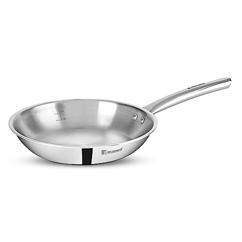 Bergner Tripro Triply Stainless Steel Frypan/ Skillet, 22 cm, 1.1 Litres, Ergonomic Stay Cool Handle, Flared Rim, Efficient and Fast Heating, Induction, Gas and Metal Spatula Friendly