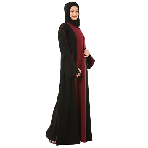 BT - Being Traditional Women’s Nida Matt Dual Color Layered Abaya With Long Flared Sleeves and Waist Belt (LAB-008) (2XL, Black-Maroon)