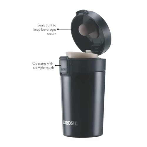Borosil Coffeemate Insulated Mug, Vacuum Insulated Travel Coffee Mug with Lid, 8 Hours Hot and 14 Hours Cold, 300 ml (Stainless Steel)