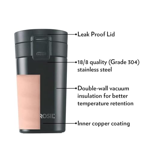 Borosil Coffeemate Insulated Mug, Vacuum Insulated Travel Coffee Mug with Lid, 8 Hours Hot and 14 Hours Cold, 300 ml (Stainless Steel)