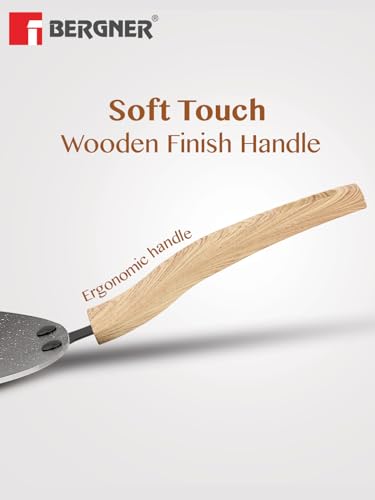 BERGNER Earth Black Non-Stick 26 cm Concave Tawa, Wooden Finish Soft Touch Handle, 3mm Thickness, Consumes Less Oil, Even Heat Distribution, White Marble Splatter, Induction Bottom and Gas Ready