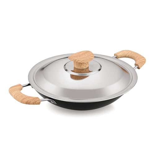 Bergner Bellini Plus Aura 5-Layer Non-Stick 20 cm Appachetty with Stainless Steel Lid, Wooden Finish Soft Touch Handle, Even Heat Distribution, PFOA Free, Gas Stove Compatible - Black