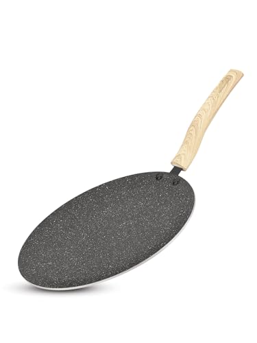 BERGNER Earth Black Non-Stick 26 cm Concave Tawa, Wooden Finish Soft Touch Handle, 3mm Thickness, Consumes Less Oil, Even Heat Distribution, White Marble Splatter, Induction Bottom and Gas Ready