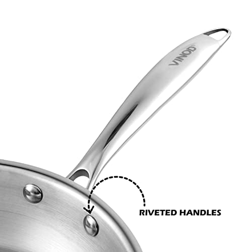 Vinod Platinum Triply Stainless Steel Frypan 20 cm Diameter with Riveted Sturdy Handle (Induction and Gas Stove Friendly) - Silver, 5 Years Warranty