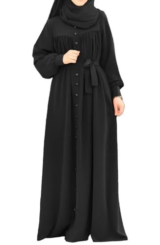Women's Long Burqa, Button-Down Front, Long Sleeves with Belt, Black