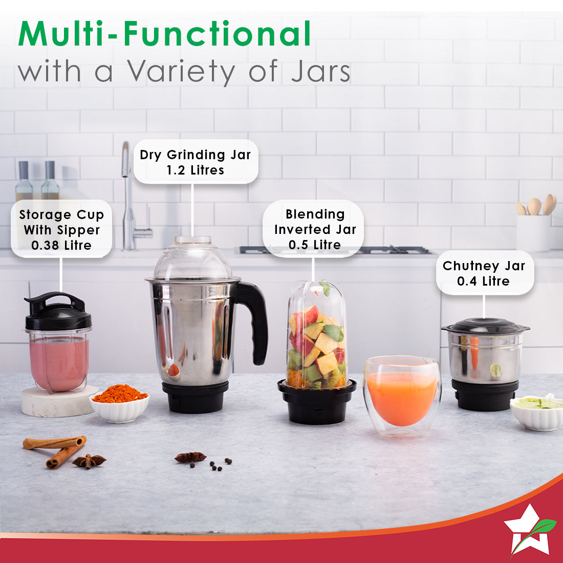 Acura Blender Pro Mixer Grinder 500W, 230V~50Hz, 4 Jars( 2 Stainless Steel + 2 Polycarbonate Jars), Black & Blue, 5 Years Warranty