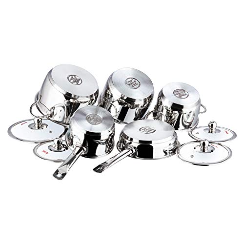 Vinod Stainless Steel Induction Friendly Tuscany Set 5 Pieces - Saucepan (14 cm/1.3 Litre), 3 Cassseroles (14 cm,16 cm & 18 cm/1.3,2 & 2.8 Litre), Frypan (18 cm) & 3 Glass Lids