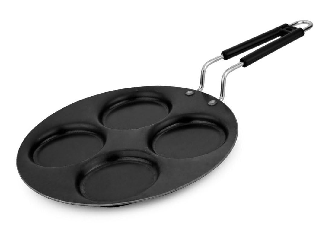 amicus Iron Uttapam Pan Multi Tawa 27 cm, 4 Cavity, Mini Crepe Pan for Snack, Pan Cake, Egg Omelette Maker Tawa,1.1 Kg, Black