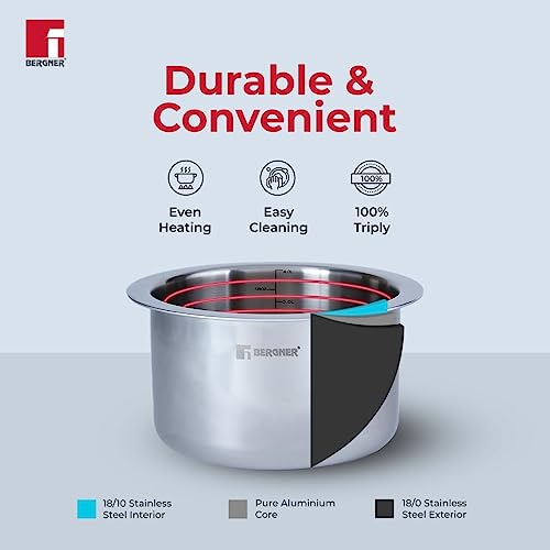 BERGNER Tripro Triply Stainless Steel Tope/Patila with Stainless Steel Lid, 16 cm, 2.1 Litre, Induction Base, Silver