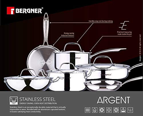 BERGNER Argent Tri-Ply Stainless Steel Casserole With Stainless Steel Lid (22 Cm, 4.1 Litres, Induction Base, Silver),Non-Stick, 4.1 Liter