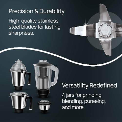 Wipro Elato FMG209 800 Watt Mixer Grinder with 4 Jars,Heavy Duty 100% Copper Ball Bearing Motor with 5 Year Warranty,Superfast Grinding,Clip Lids - Hands Free use, 4 Jars Mixer Grinder 800 Watt,Black